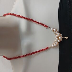 Artisan Indian Bollywood Red Jade Beaded Necklace Embellished Gold Tone Center